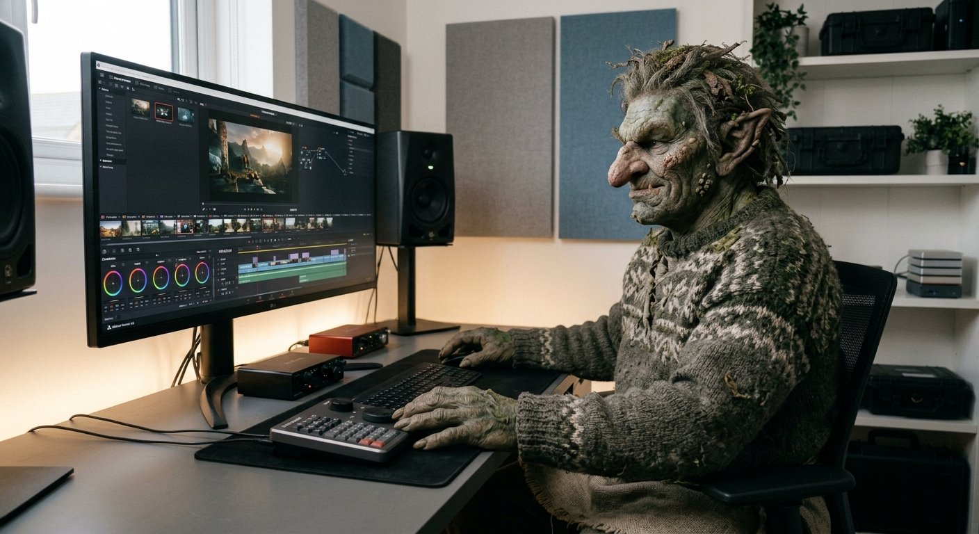 A troll in a knitted sweater editing video at a desk with a colour-grading console